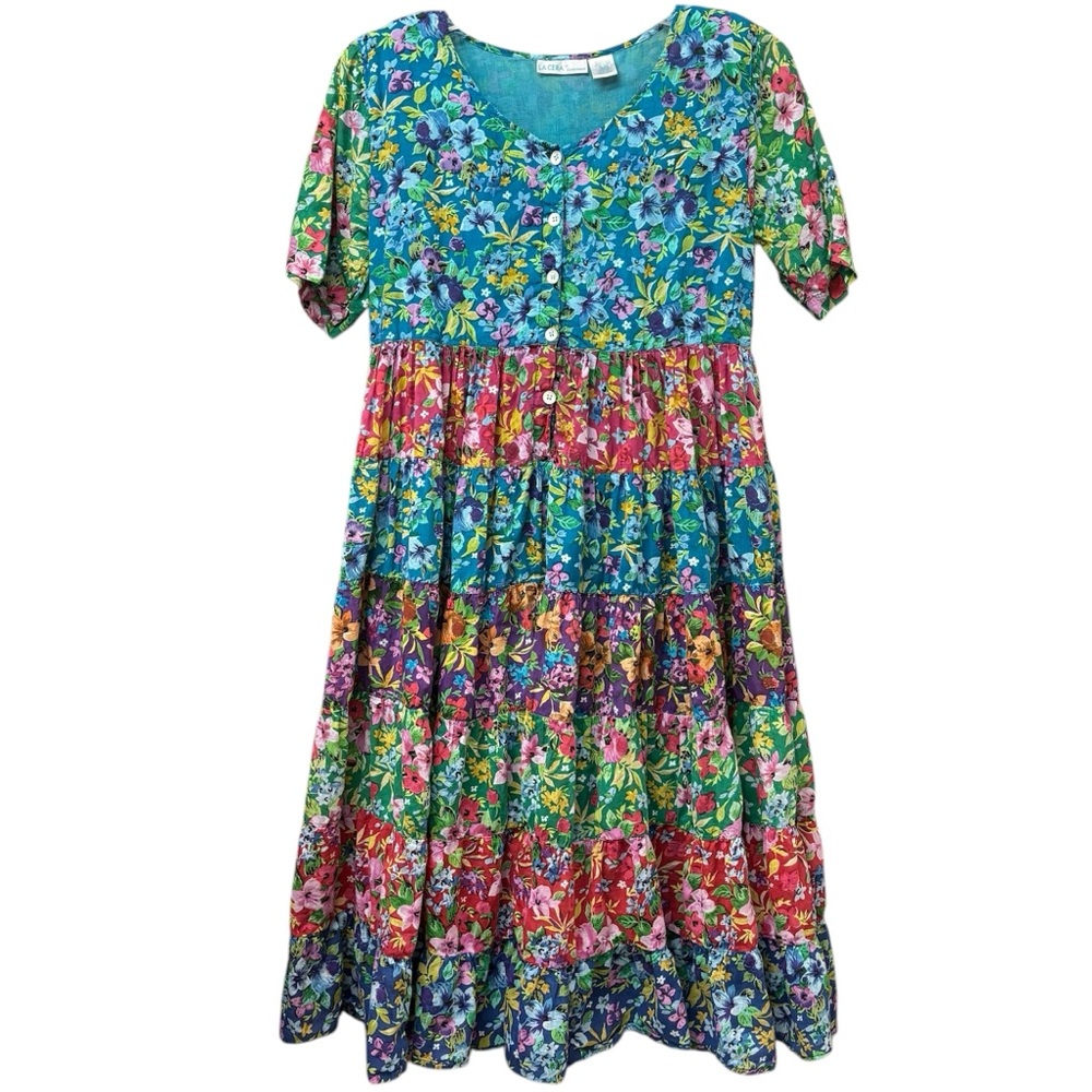 Colorful, tiered floral comfort wear dress. La Cera size medium